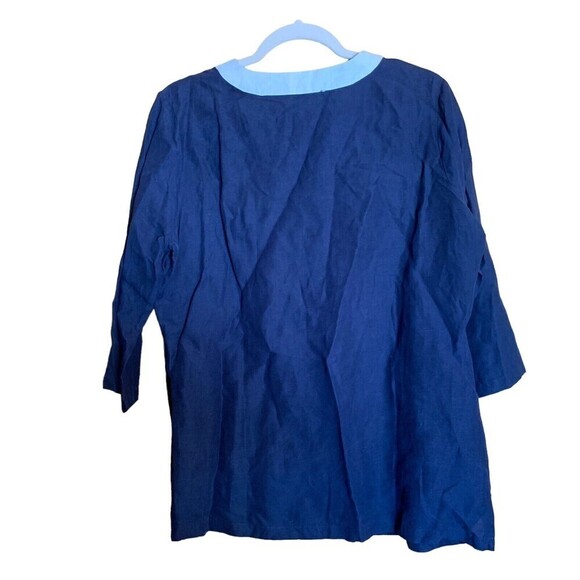 Wintersilks Womens Size Large Blue White Trim Silk Linen Blend Tunic Top Blouse - Picture 3 of 4